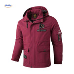 Waterproof men's winter jacket with hood and multiple pockets.