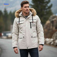 Waterproof hooded men's winter jacket in light beige with chest print.