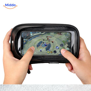 Rugged motorcycle phone mount with advanced waterproof casing protecting against rain.