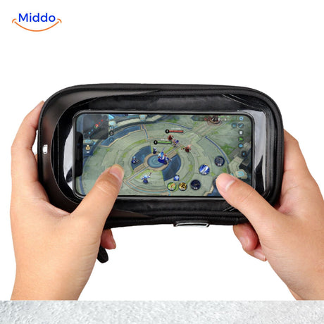 Rugged motorcycle phone mount with advanced waterproof casing protecting against rain.