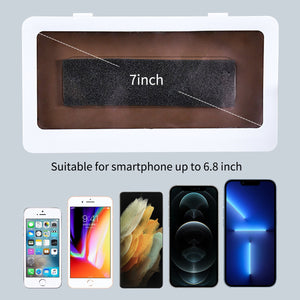 Waterproof shower phone holder compatible with various smartphone sizes.