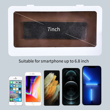 Waterproof shower phone holder compatible with various smartphone sizes.