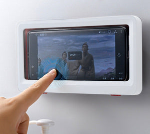Waterproof shower phone holder with responsive touchscreen functionality.