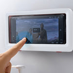 Waterproof shower phone holder with responsive touchscreen functionality.