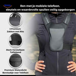 Waterproof phone holder pocket on reflective running vest with three secure zip compartments.