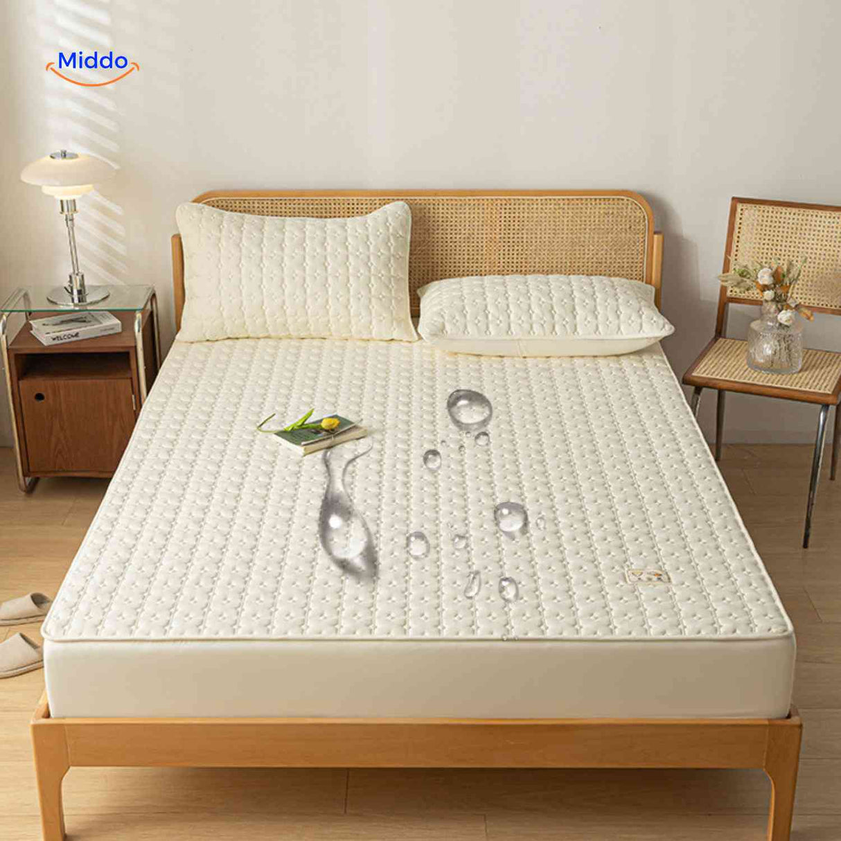 Waterproof mattress protector engineered to safeguard against liquid spills.