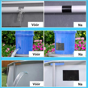 Before and after application of waterproof tape on various surfaces.