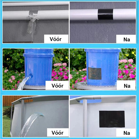 Before and after application of waterproof tape on various surfaces.