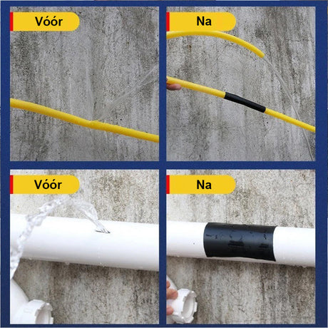 Waterproof tape sealing repair on yellow hose before and after.