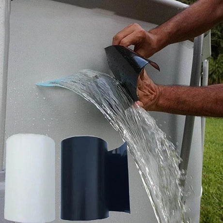 Waterproof tape being applied directly to a leak for emergency repair.