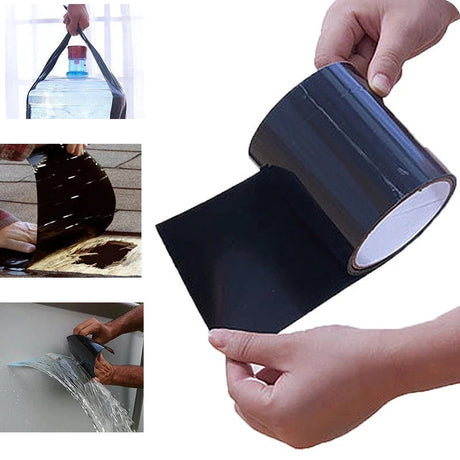 Various uses of waterproof repair tape across different surfaces and objects.