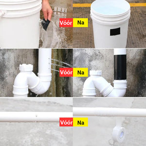 Before and after waterproof tape sealing a white PVC pipe leak.