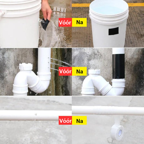 Before and after waterproof tape sealing a white PVC pipe leak.