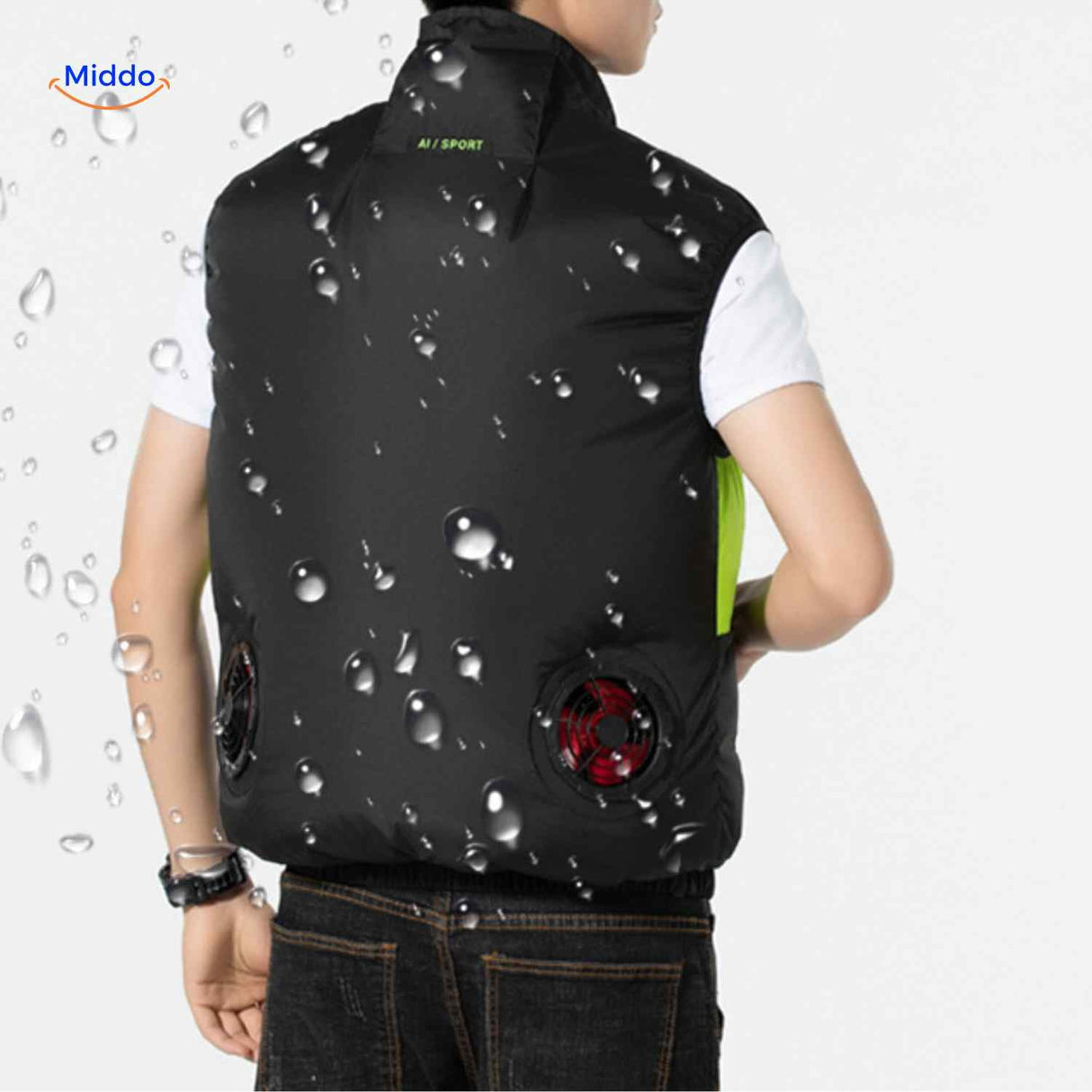 Water-repellent cooling vest with dual fan ports for breathable ventilation and durability.