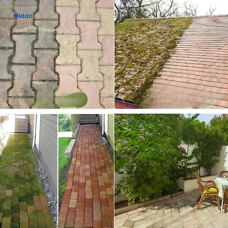 Side-by-side comparison of lawn before and after Weedmaster weed brush use.