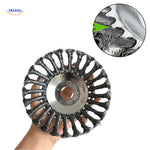 Weedmaster garden weed remover tool featuring rotating steel wire wheel technology.