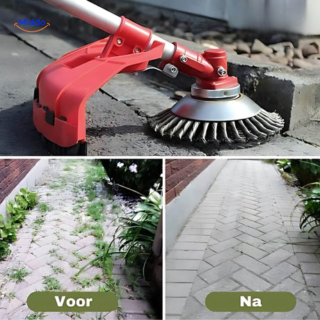 Weedmaster weed brush in action on residential lawn and garden areas.