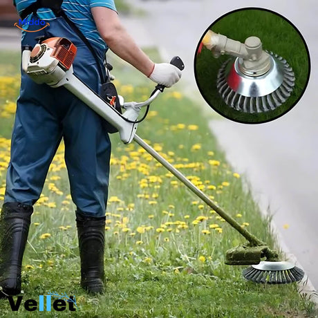 Man using Weedmaster wire-wheel brush to maintain and clean residential lawn.
