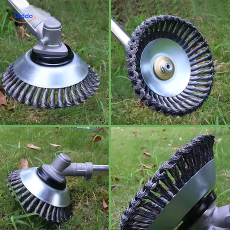 Close-up of Weedmaster weed brush steel wire wheels for precise weed removal.