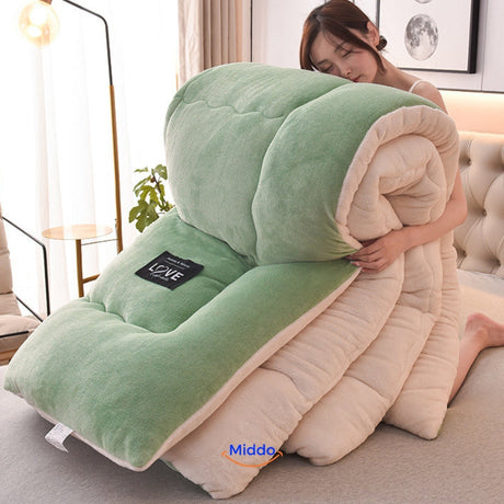 ComfortLux green wool-velvet weighted blanket offering soothing color and therapeutic weight.