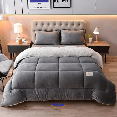 ComfortLux grey wool-velvet weighted blanket color option and quality swatch detail.