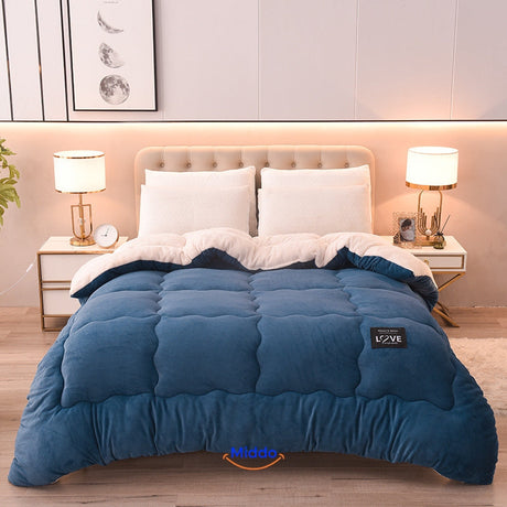 ComfortLux navy blue wool-velvet weighted blanket showcasing premium fabric and comfort design.