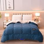 ComfortLux navy blue wool-velvet weighted blanket showcasing premium fabric and comfort design.
