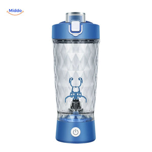 White electric shaker bottle featuring automatic mixer function.