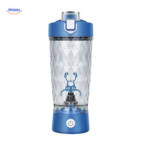 White electric shaker bottle featuring automatic mixer function.