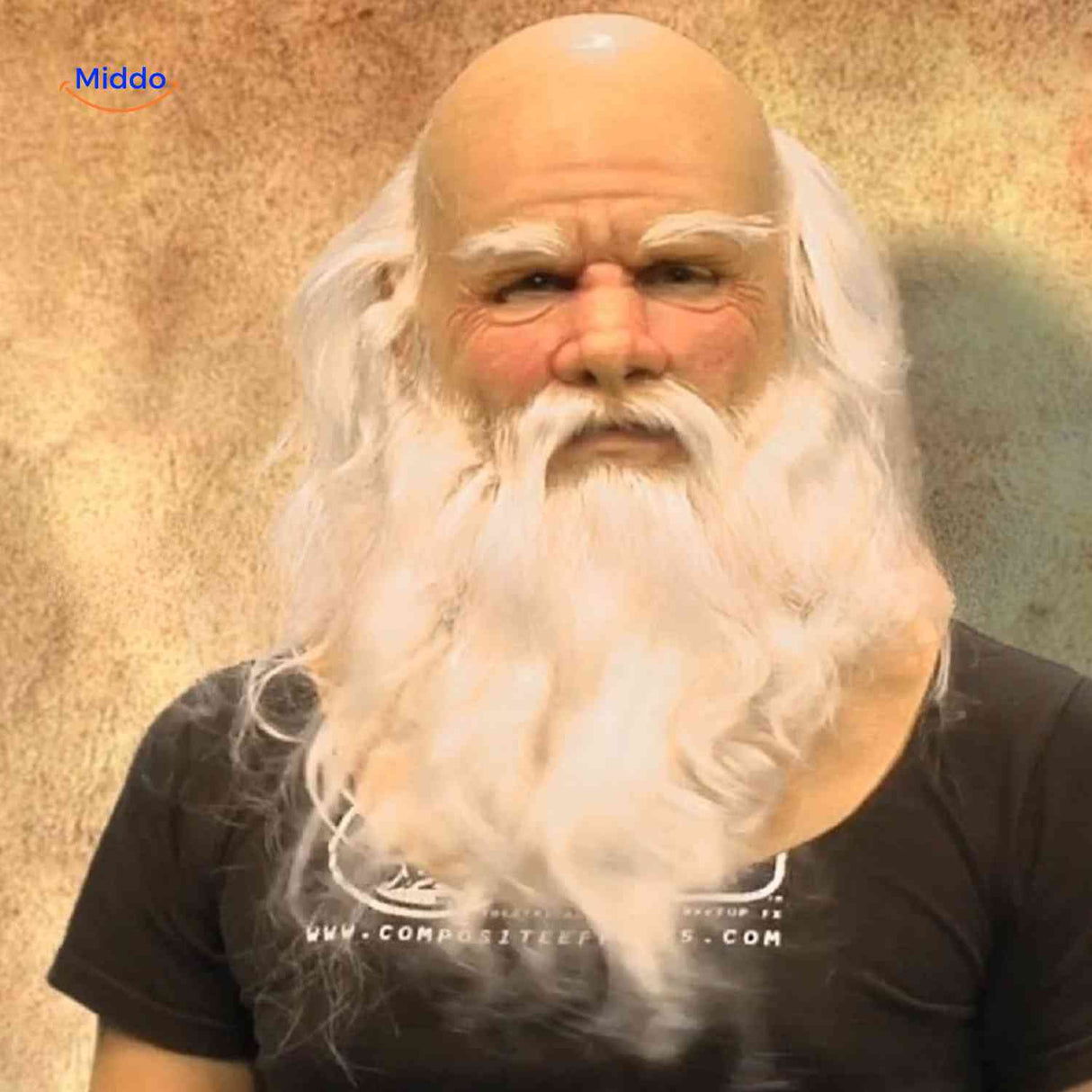 Realistic old man mask with long white beard and aged character.