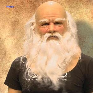 Realistic old man mask with long white beard and aged character.
