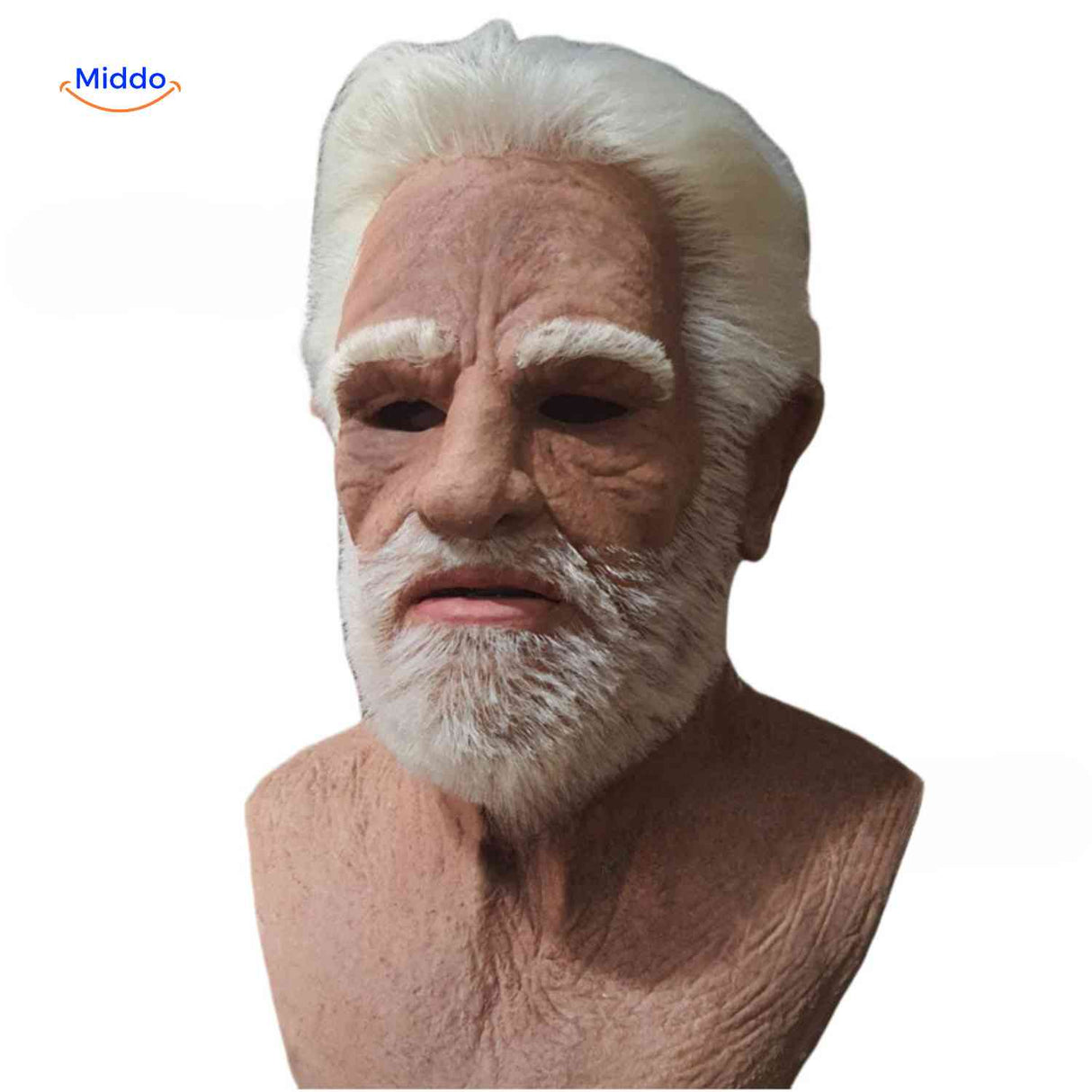 Realistic latex mask with white beard and deeply aged character expression.
