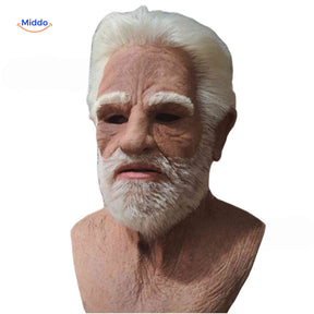 Realistic latex mask with white beard and deeply aged character expression.