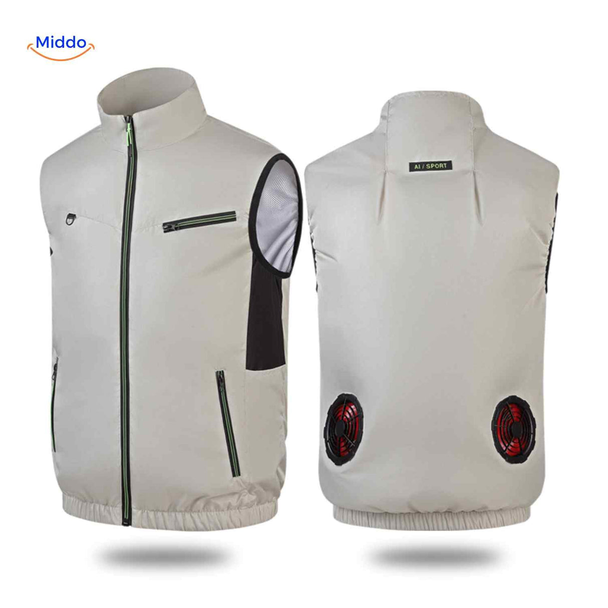 White cooling work vest with dual fan outlets and lightweight breathable fabric.