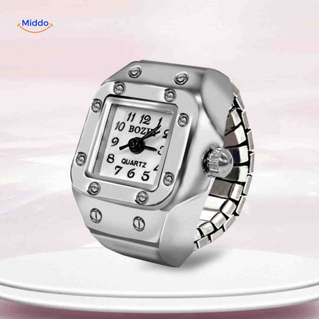 Elegant ring watch with white dial and adjustable unisex design.