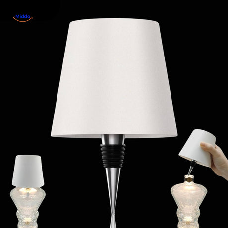 White rechargeable dimmable bottle lamp in modern minimalist style.