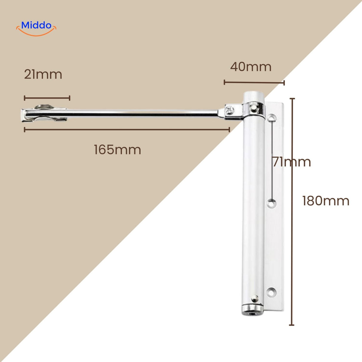 White door closer demonstrating adjustment features for operation control.