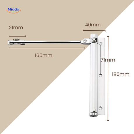 White door closer demonstrating adjustment features for operation control.