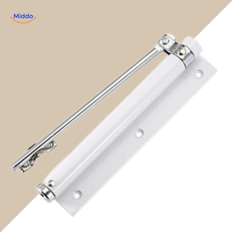 White door closer with adjustable opening angle for flexible use.