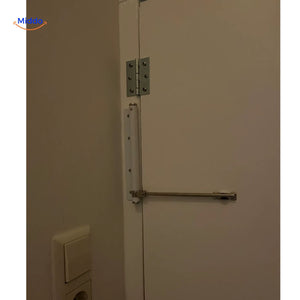 White door closer showing installation steps for simple door setup.