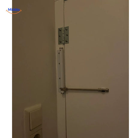 White door closer showing installation steps for simple door setup.