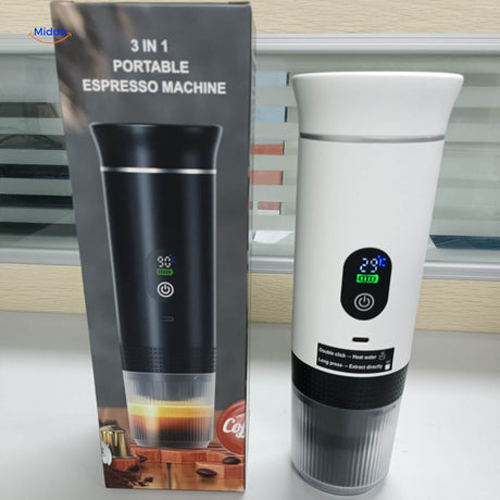 White espresso machine with LED screen showing brewing status and controls.