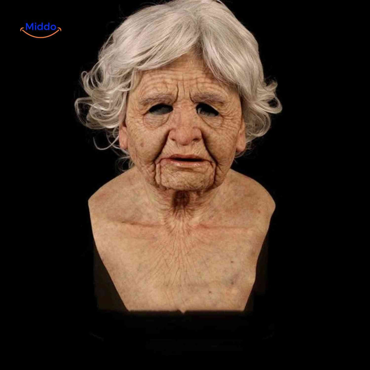 Realistic aged woman mask with white hair and authentic aging features.