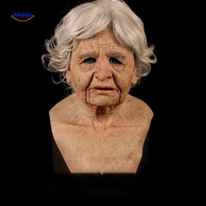 Realistic aged woman mask with white hair and authentic aging features.