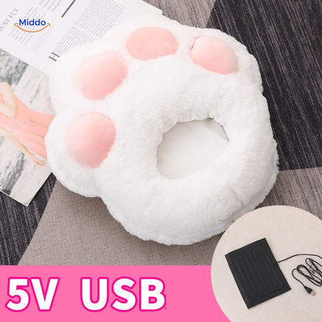 White heated foot warmer with pink paws for sweet comfort.