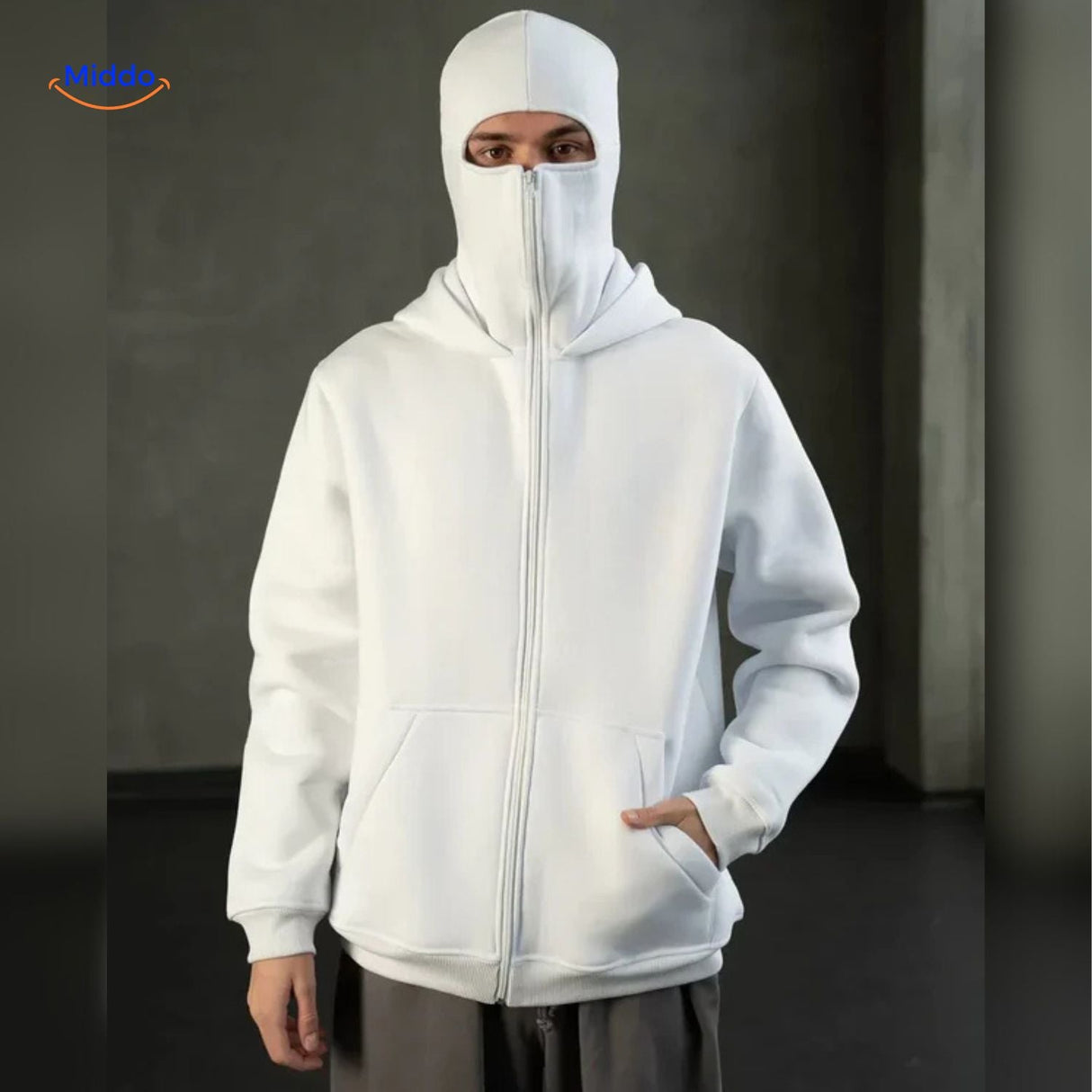 White unisex hoodie styled for casual everyday wear.