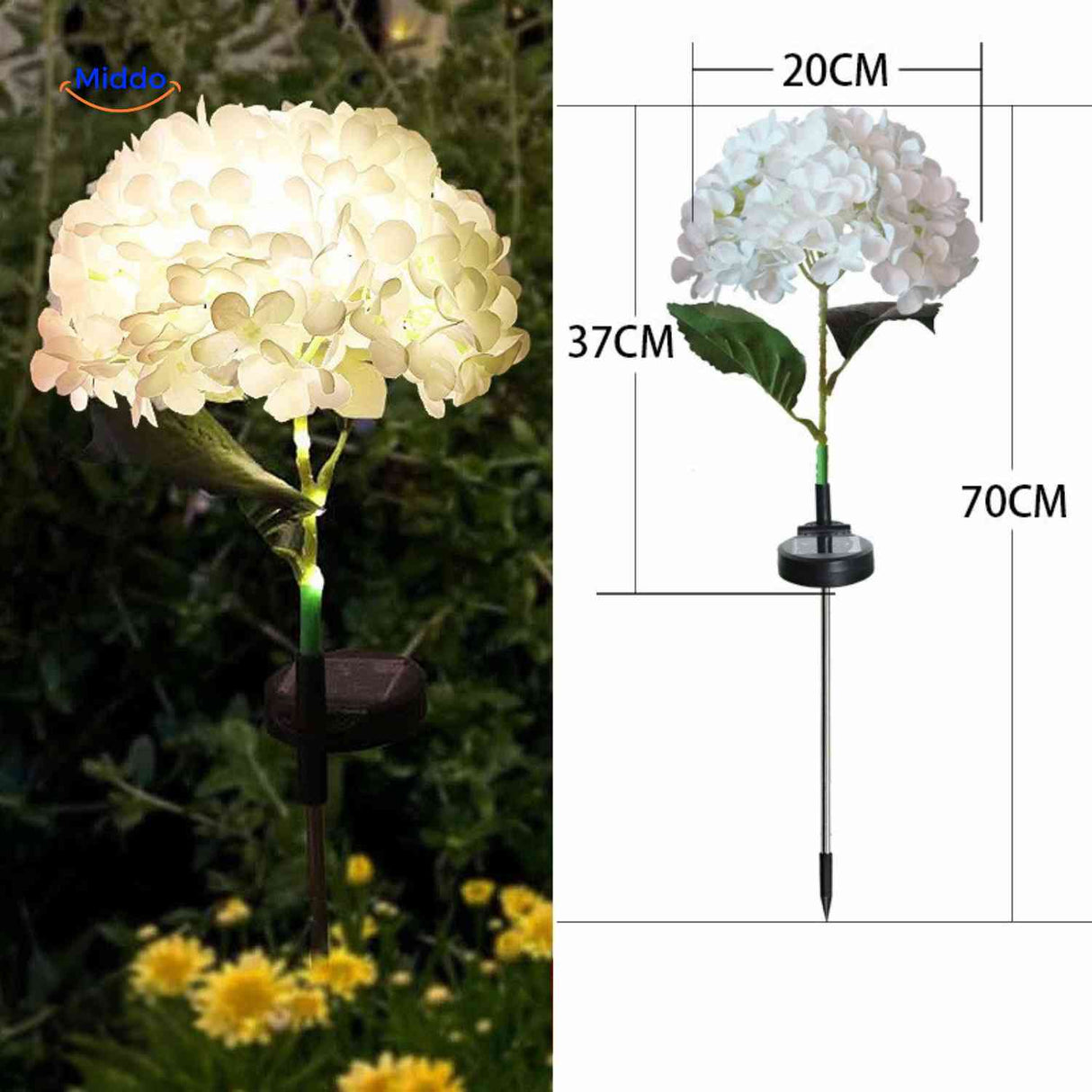 White hydrangea solar lantern measuring 70cm tall for balanced garden lighting.