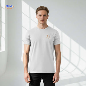 White cotton t-shirt with smiley logo in minimalist men's design.