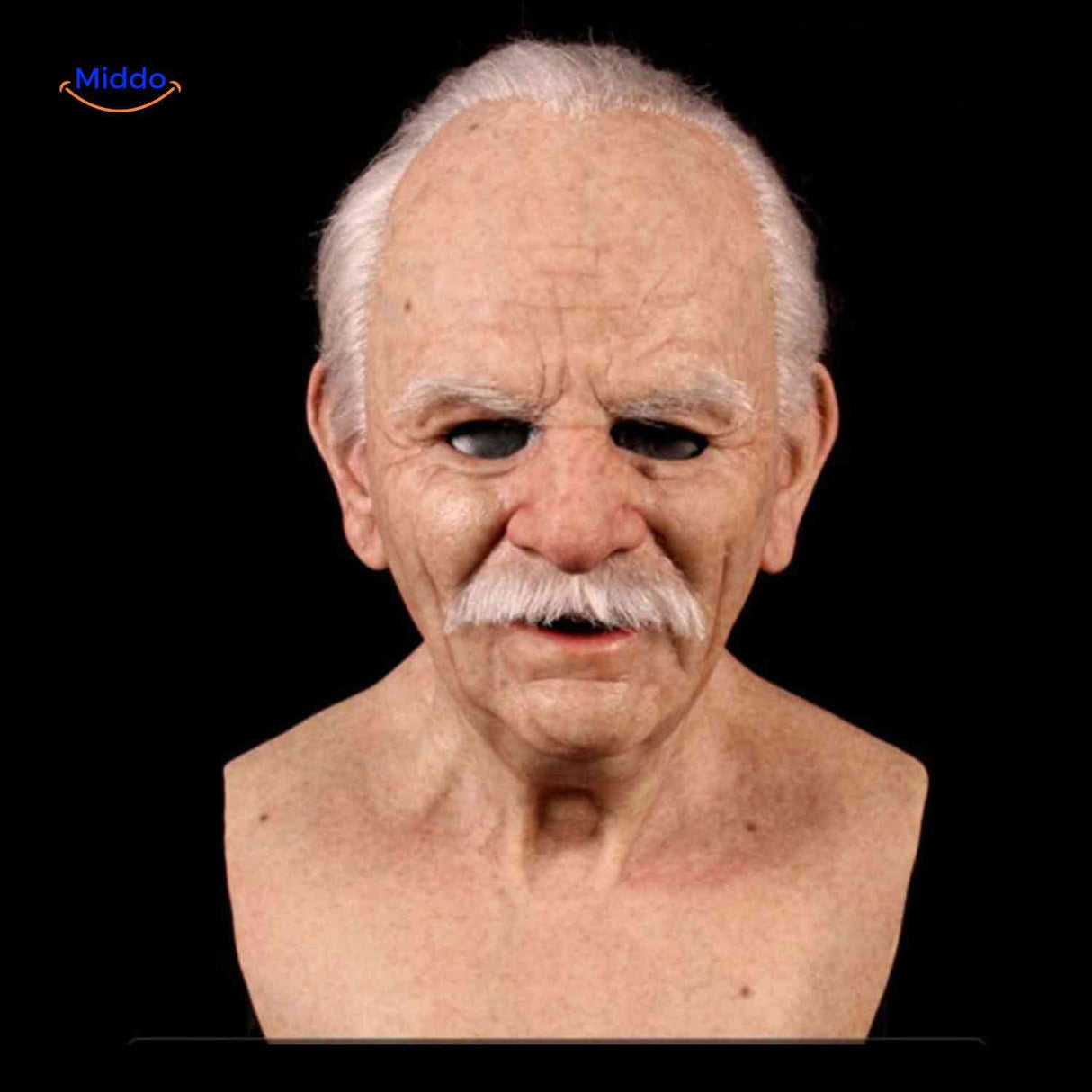 Old man mask with white mustache and authentic aged facial details.