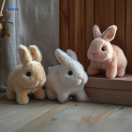 Fluffy white plush bunny with realistic black eyes, showcasing the soft and detailed craftsmanship.